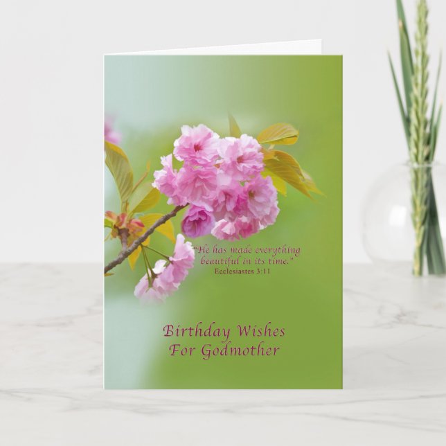 Födelsedag gudmor, körsbärsröda blommar, religiösa kort (Framsida)