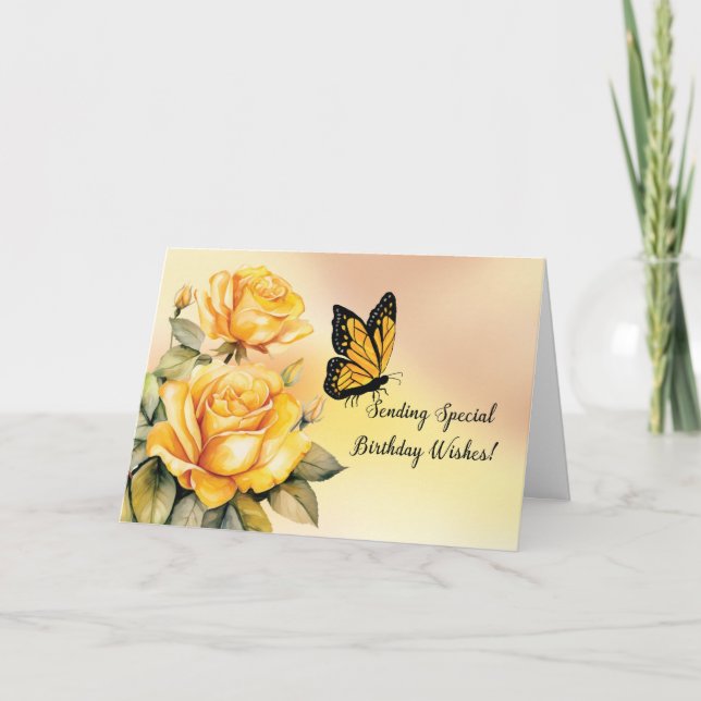 Födelsedag Gul ros med Monarch Butterfly Kort (Framsida)