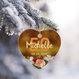 Födelsedag guld blommigt monogram namn julgransprydnad keramik