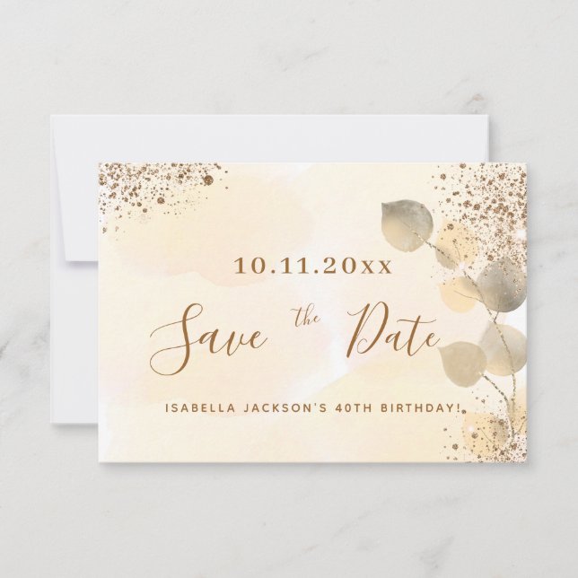 Födelsedag guld eucalyptus glitter spara datumet meddelande (Framsida)