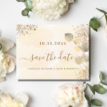 Födelsedag guld eucalyptus glitter spara datumet meddelande vykort<br><div class="desc">Ett giftigt och trendig Spara datumkortet för en 40:e (eller någon annan ålder) födelsedagsfest. En gyllene vattenfärgad bakgrund som dekoreras med guldeukalyptus foliage och faux guld glitter stoft. Anpassa och lägg till datum och namn och text. Golden färgad brev. Texten: Spara datumet skrivs med ett stort trendig-handskript i stil. Bakåt:...</div>