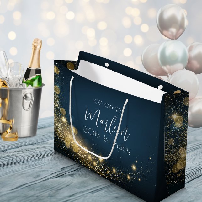 Födelsedag guld midnattsblått mousserande guld shi (Customizable gift bag with name and date. Party favor dark blue gold glamour.)