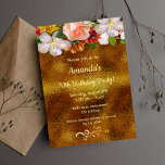 Födelsedag guld vita blommigtar elegant inbjudningar<br><div class="desc">Ett trendig,  ett modernt födelsedagsfest inbjudan-kort. En mörk faux guld färgad bakgrund och guldfärgad brev. Mallar för din information. Rosa ros,  vita Cherry-blommor och dahlias. Faux guld-dekoration med blommigt-svängning Bakåt: faux guld-folie och blommigt-snurrar</div>
