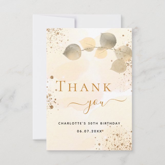 Födelsedag, gyllene eukalyptus guld glitter fall tack kort (Framsida)