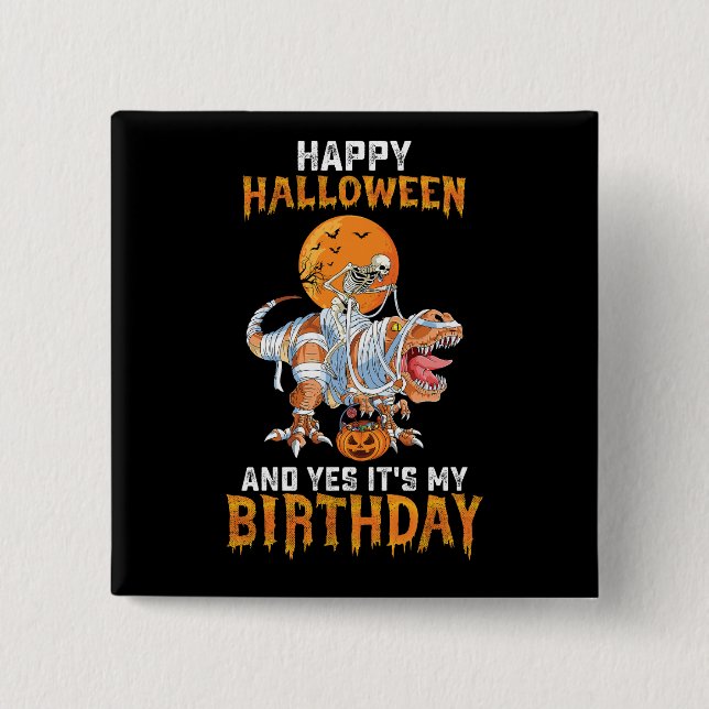 Födelsedag Halloween Skelett Ridande Mummy Dinosau Knapp (Framsida)