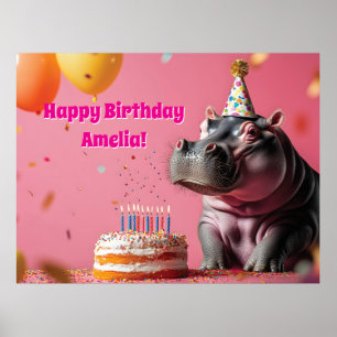 Födelsedag Hippo med kummel och ballonger Poster