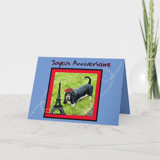 Födelsedag i Fransk W/Basset, Beret, Eiffel Torn Kort (Framsida)