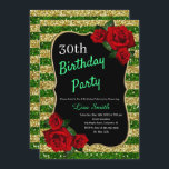 Födelsedag i Grönt och Röd ros i Guld Glitter Inbjudningar<br><div class="desc">Elegant grönt, guld rand glitter och röd ros födelsedagsfest inbjudan för kvinnor oavsett ålder. Åldern kan ändras för vilken ålder som helst. Text kan ändras till vad som helst för att passa din händelse. Typsnitt, typsnitt färg och text är helt anpassade! Papper form och typ kan anpassas efter din budget...</div>