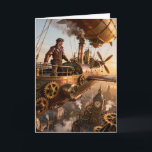 Födelsedag i luften kort<br><div class="desc">En ung man styr ett steampunk-luftskepp på detta födelsedags-kort för en man.  Perfekt för alla som älskar steampunk,  flygning,  fantasy och science fiction.</div>