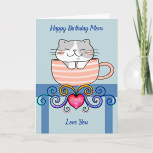 Födelsedag i Mamma med katt i Kopp i kaffe Kort
