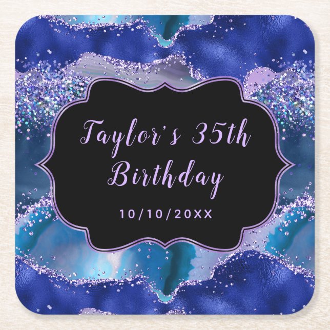 Födelsedag i mörk blått och Lila Oceanagat Underlägg Papper Kvadrat (Framsidan)