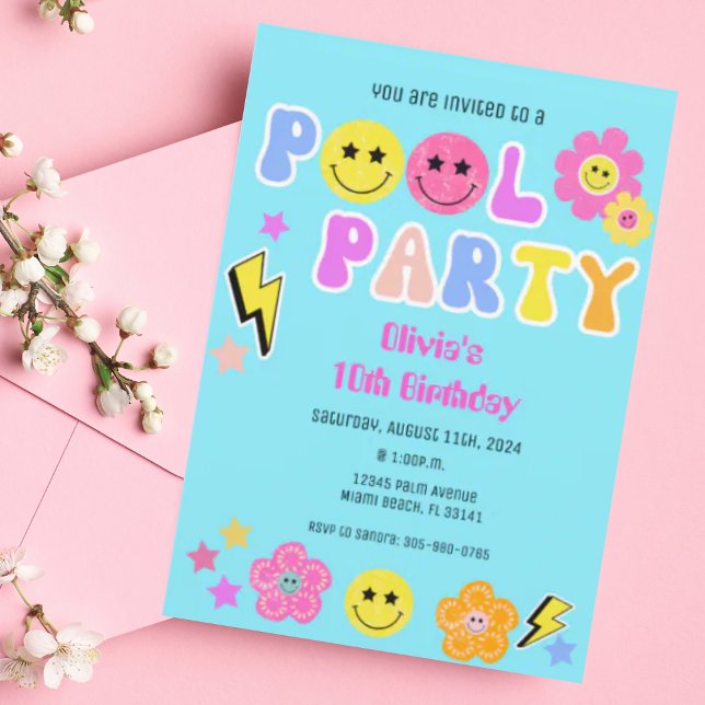 Födelsedag i Preppy Retro Y2K Bassäng Party Lyckli Inbjudningar (Skapare uppladdad)