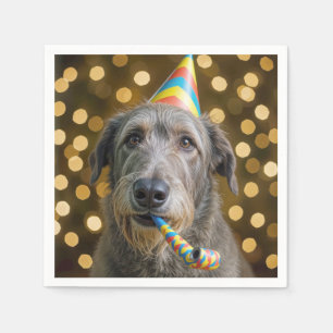 Födelsedag irländsk wolfhound hund med födelsedags pappersservett
