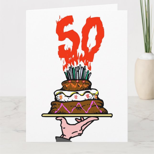 Födelsedag Kake på eld med 50 ljus Kort (Framsida)
