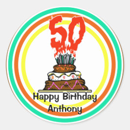 Födelsedag Kake på eld med 50 ljus Runt Klistermärke