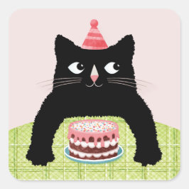 Födelsedag katt med födelsedagstårta och hatt fyrkantigt klistermärke