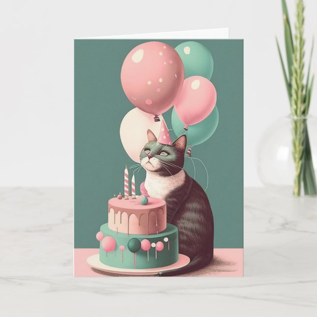 Födelsedag Katt med hälsningskort Party Hat Kort (Framsida)