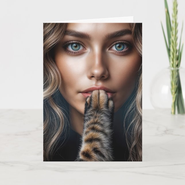 Födelsedag Katt Tass på kvinnans Läppar Kort (Framsida)