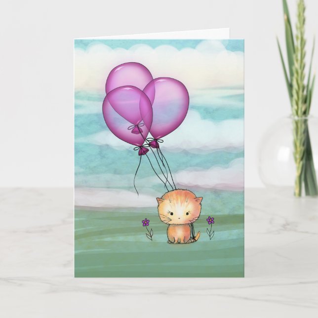 Födelsedag Kitten med Lila Bubblar Kort (Framsida)