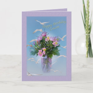 Födelsedag, kusin, blommor och fåglar kort