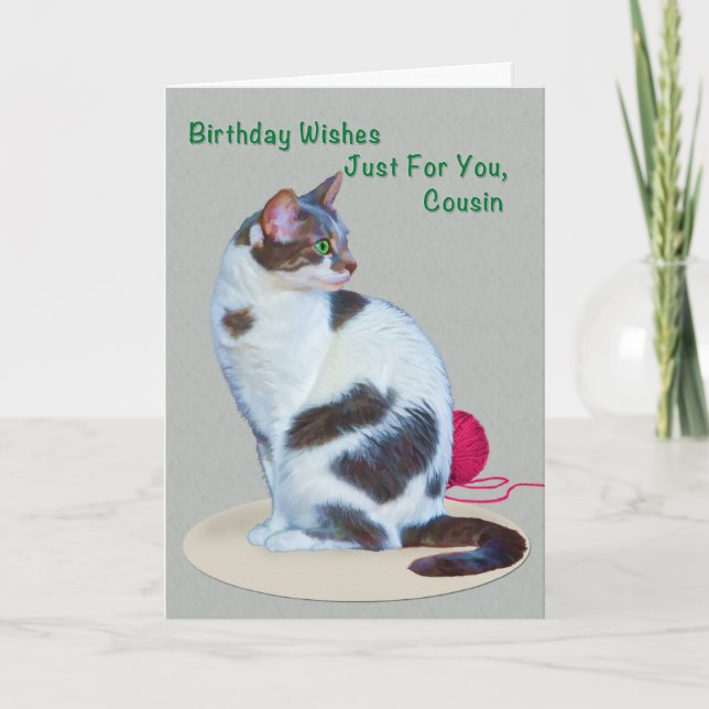 Födelsedag, kusin, Grönt-eyed Cat Card Kort (Framsida)