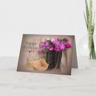 Födelsedag, Land Boots, Blommor/Lilacs/Tulips Kort