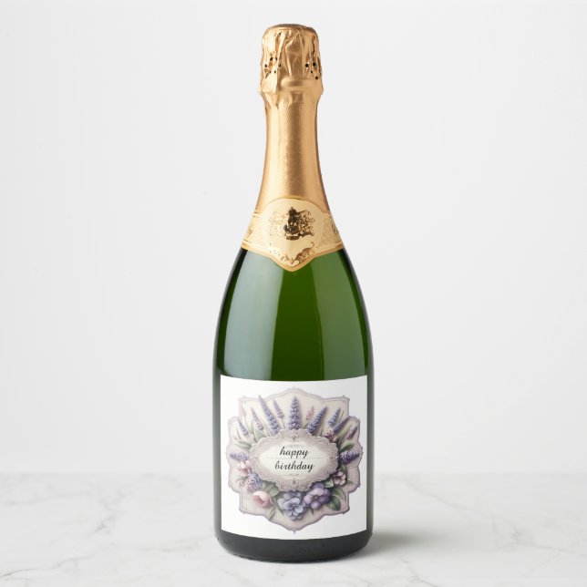 födelsedag lavendel bukett champagne flaska etiket (Framsida)