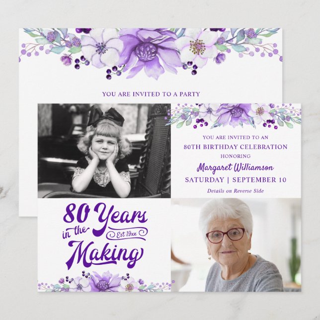 Födelsedag Lila Blommig YEARS IN THE MAKING Inbjudningar (Fram/baksida)
