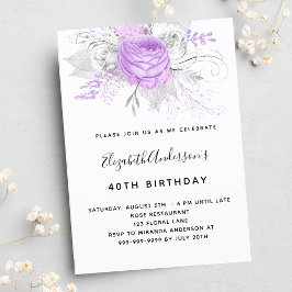 Födelsedag lila blommigt elegant silver inbjudan