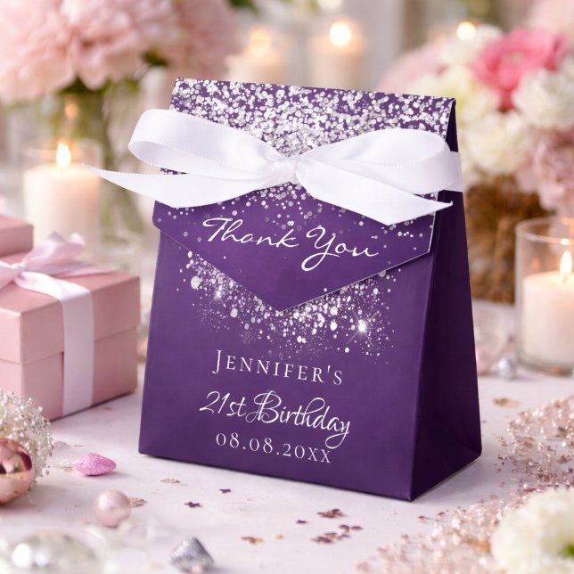 Födelsedag lila glitter silver tack presentaskar (Skapare uppladdad)