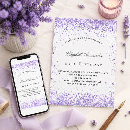 Födelsedag lila lavendel glitter elegant skrivstil inbjudningar