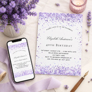 Födelsedag lila lavendel glitter elegant skrivstil inbjudningar
