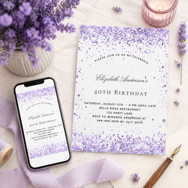 Födelsedag lila lavendel glitter elegant skrivstil inbjudningar (Skapare uppladdad)