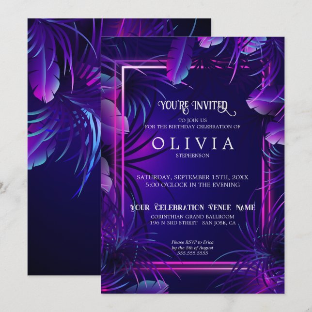 Födelsedag | Lila Neon Tropical Foliage Inbjudningar (Fram/baksida)