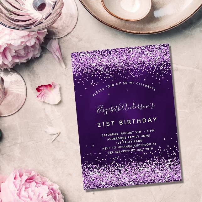 Födelsedag lila rosa glitter glamous inbjudningar (Skapare uppladdad)