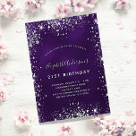 Födelsedag lila silver glitter inbjudningar<br><div class="desc">En modern,  snyggt och glamorös inbjudan till en 21:a (eller vilken ålder som helst) födelsedagsfest. En djup lila färgad med faux silver glitter damm. Lila färg är ojämn. Namn är skrivet med ett modernt handskript i stil. Anpassa och lägg till information om party.</div>