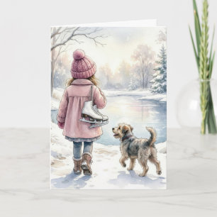 Födelsedag litet tjej med skridskor och hund kort