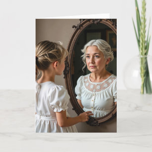 Födelsedag Little Girl och Old Dam i Spegel Kort