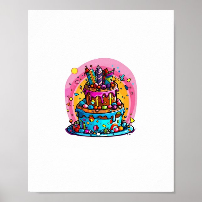 Födelsedag, lycklig födelsedagstårta, färgglad poster (Framsidan)