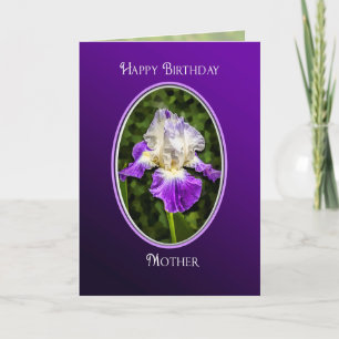 Födelsedag, Mamma Lila Iris i Oval Lila Setting Tack Kort