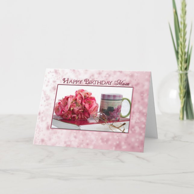 Födelsedag - MAMMA - Rosa ros/Bok/Mugg Kort (Framsida)