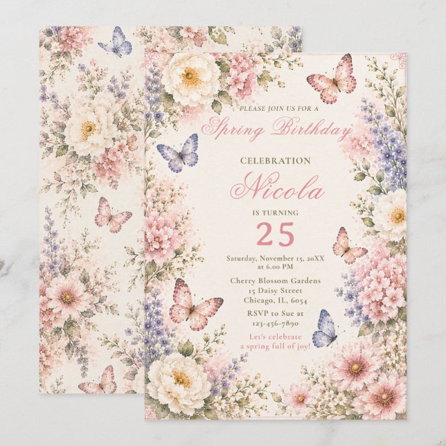 Födelsedag med blommor och fjärilar inbjudningar (Fram/baksida)
