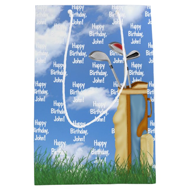 Födelsedag med namn och golfpåse i gräs (Framsidan)