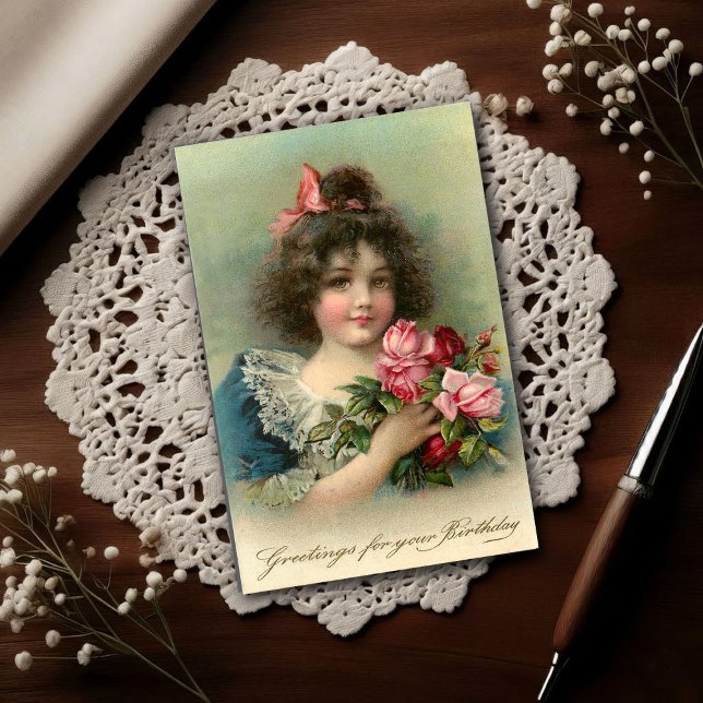 Födelsedag med rosa rosor från 1904 vykort (Skapare uppladdad)