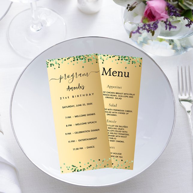 Födelsedag Menu guld grönt Reklamkort (Skapare uppladdad)
