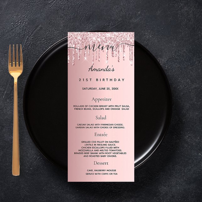 Födelsedag Menu  rosa glitter droppar monogram i  Reklamkort (Skapare uppladdad)