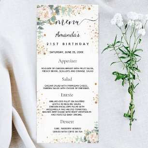 Födelsedag Menu vit blommigt eucalyptus glitter Reklamkort