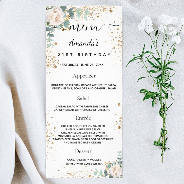 Födelsedag Menu vit blommigt eucalyptus glitter Reklamkort (Skapare uppladdad)