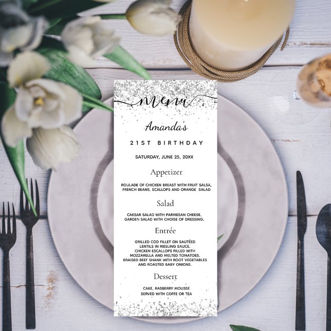 Födelsedag Menu vita silver glitter-miniatyrbilder Reklamkort (Skapare uppladdad)