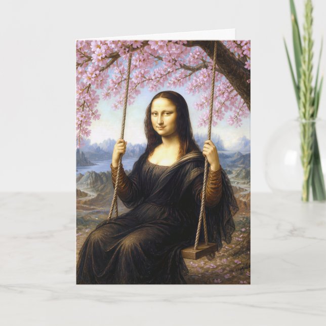 Födelsedag Mona Lisa på en gunga i körsbärsblom Kort (Framsida)